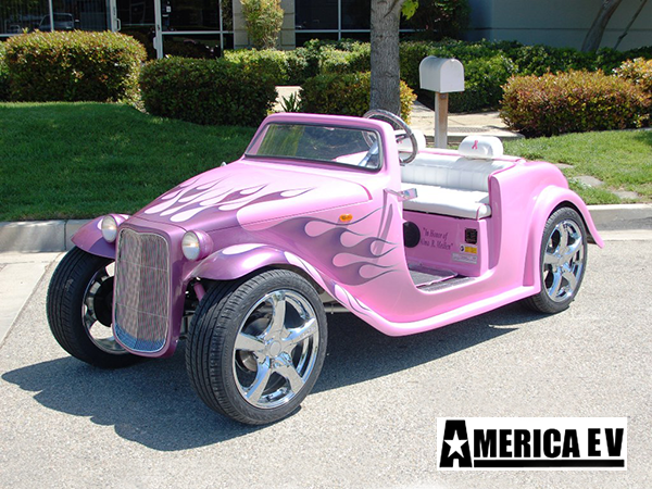 Pink California Roadster with Pink Flames golf cart maintenance, augusta golf cart service, battery service