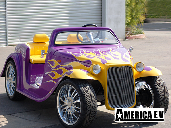 Purple California Roadster with Yellow Flames golf cart maintenance, augusta golf cart service, battery service