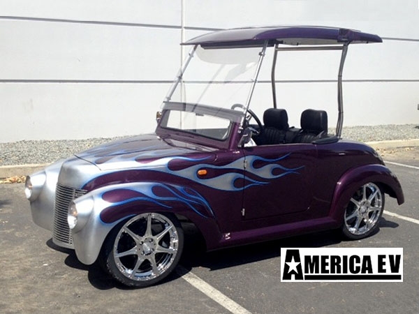 Purple 39 Roadster with Silver Flames golf cart maintenance, augusta golf cart service, battery service