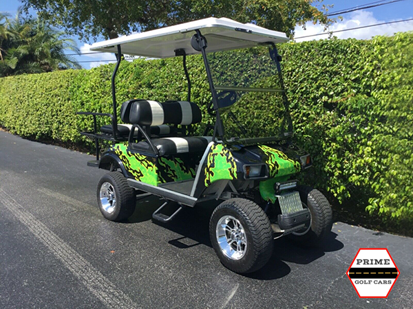 Black Club Car with Green Body Flames golf cart maintenance, augusta golf cart service, battery service